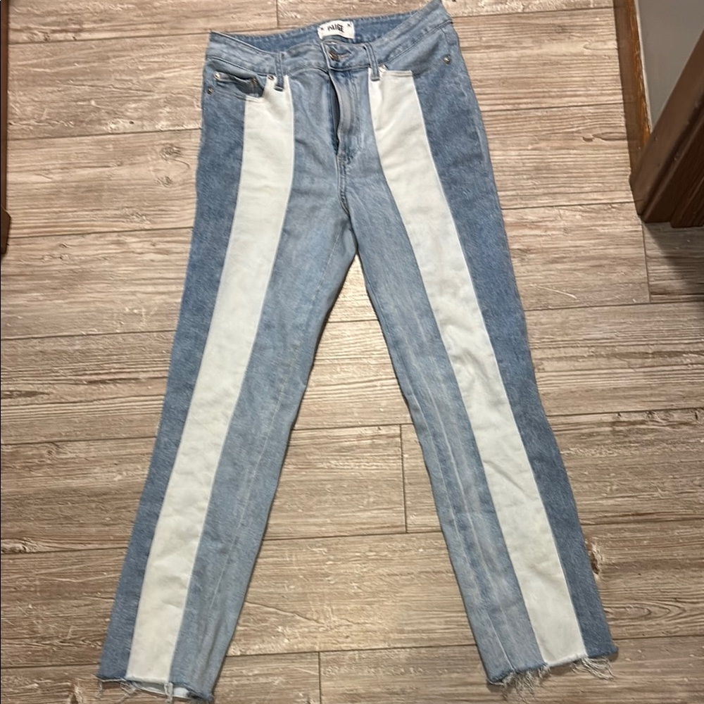 PAIGE Blue and White Straight Leg Jeans